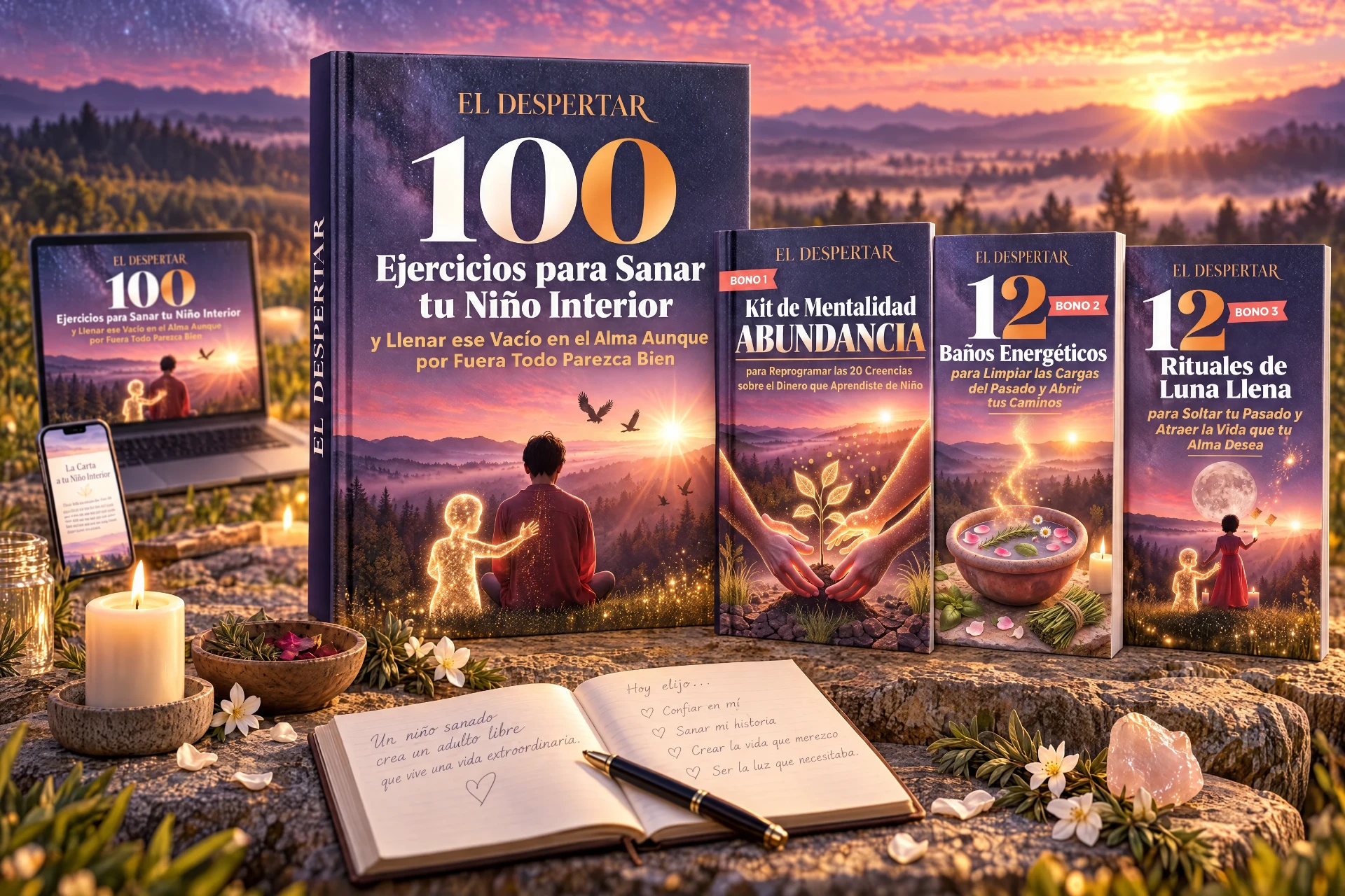 El ebook de 100 Ejercicios para Sanar tu Niño Interior junto a sus 3 bonos, en libro, computador, celular y tableta