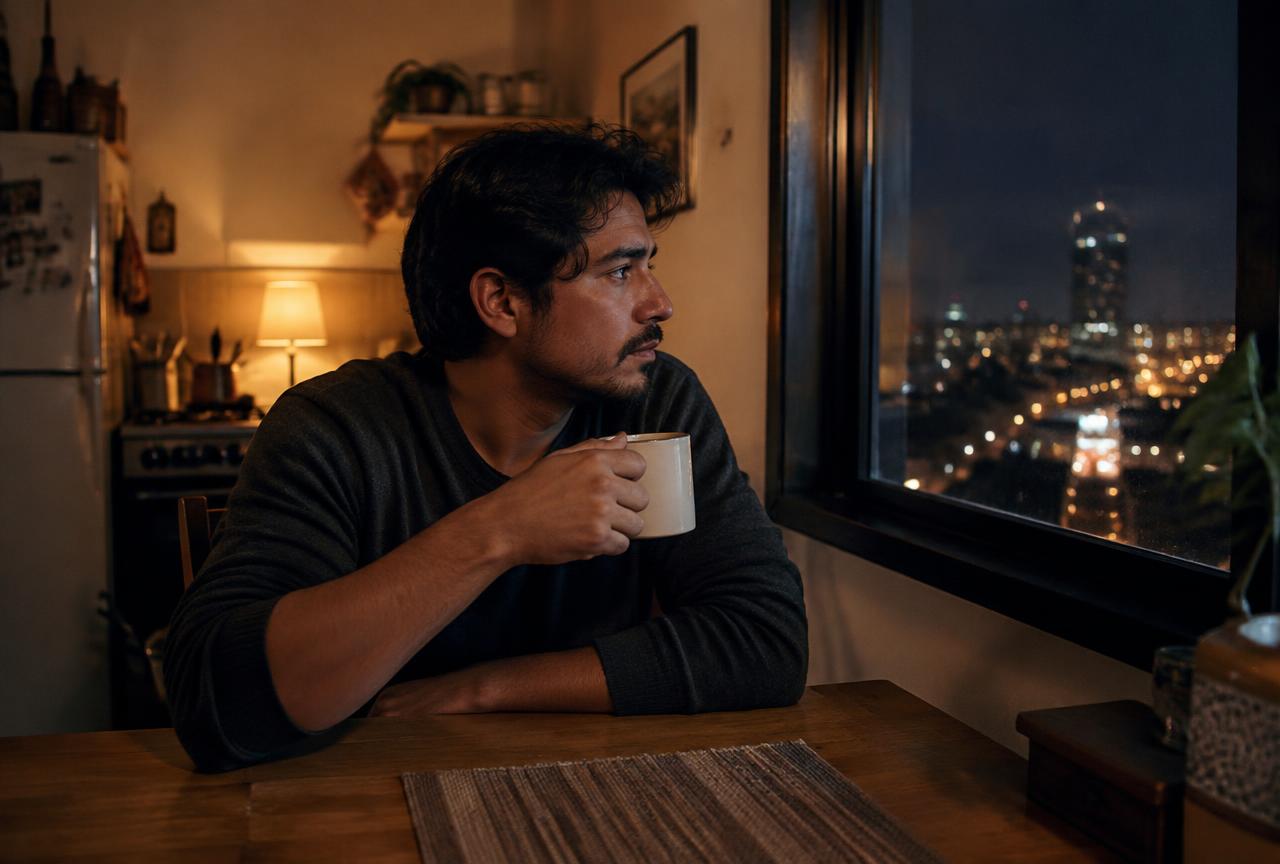 Hombre escribiendo en su cuaderno junto a una ventana, poniendo nombre a su vacío