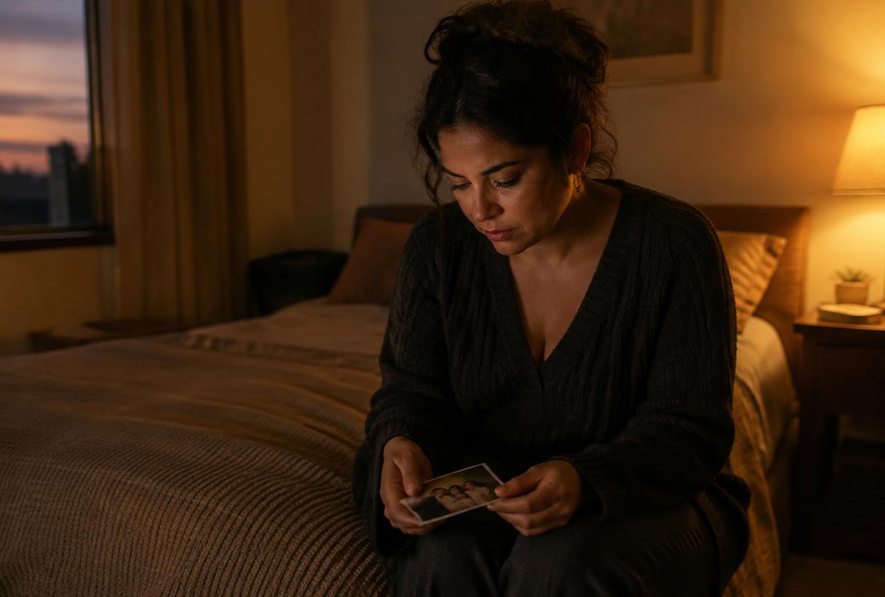 Mujer sentada en su cama al atardecer mirando una foto de su infancia