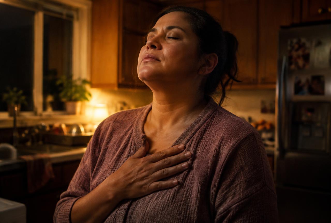 Mujer en su cocina con la mano en el pecho, respirando con calma