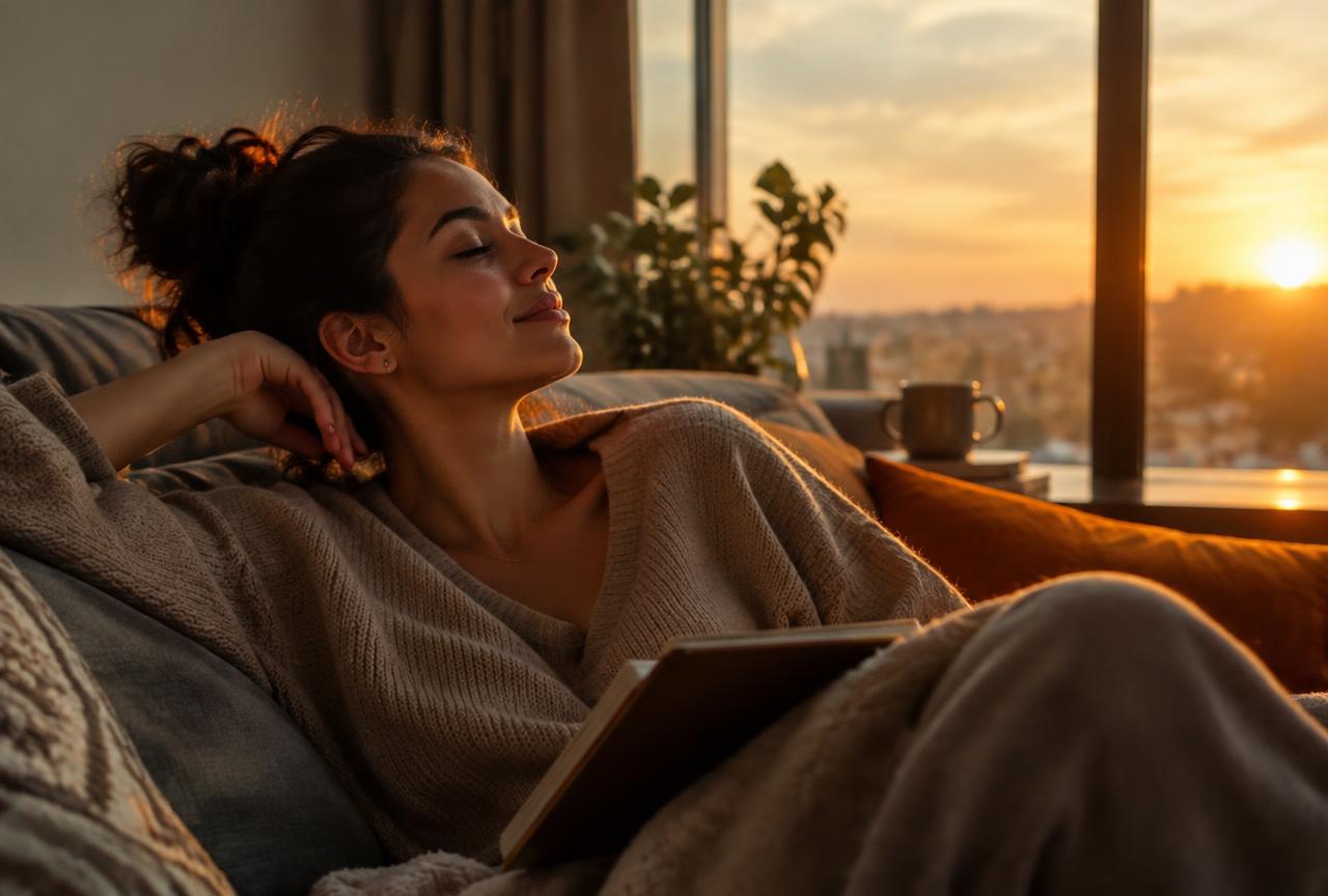 Mujer descansando en el sofá al atardecer con su cuaderno